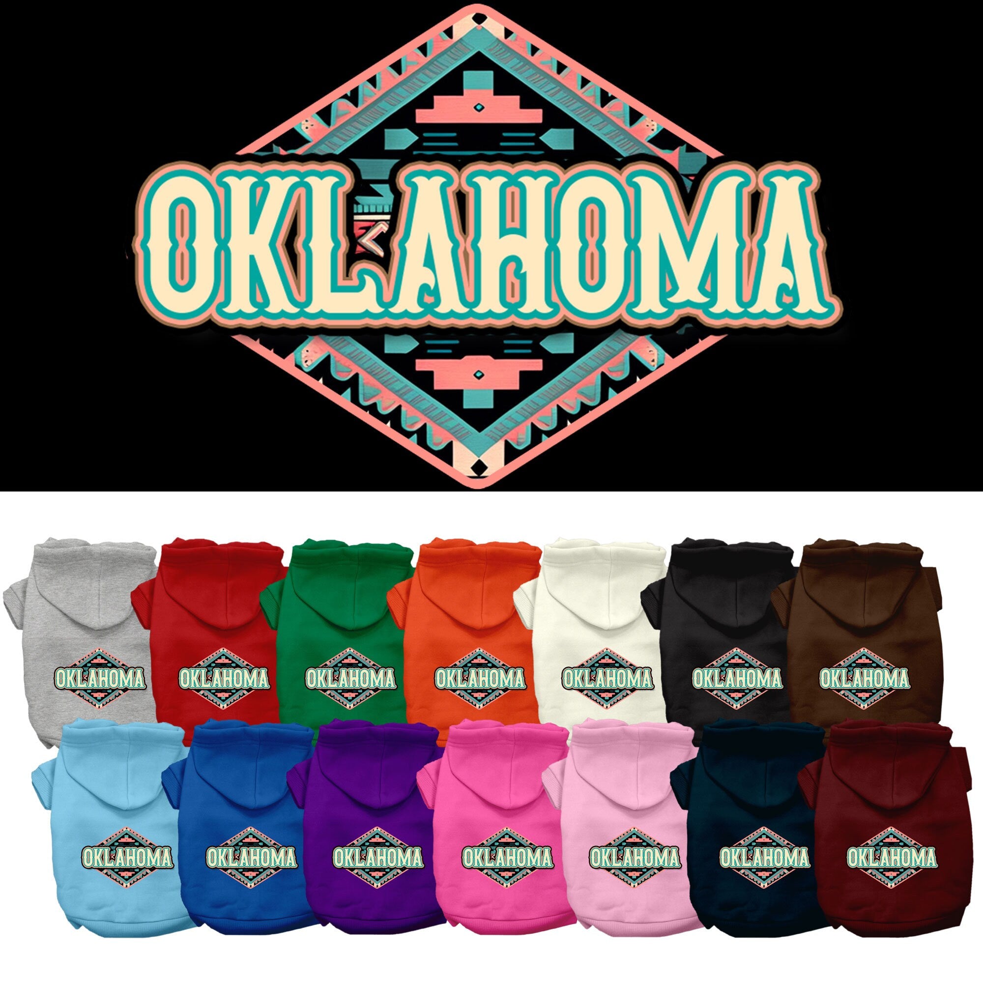 A medium to large pet wearing a stylish screen printed hoodie with an Oklahoma Peach Aztec design, showcasing comfort and durability.