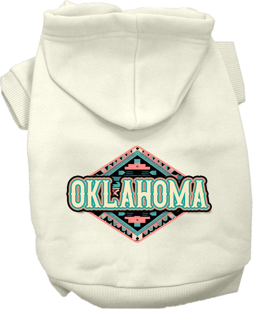 A medium to large pet wearing a stylish screen printed hoodie with an Oklahoma Peach Aztec design, showcasing comfort and durability.