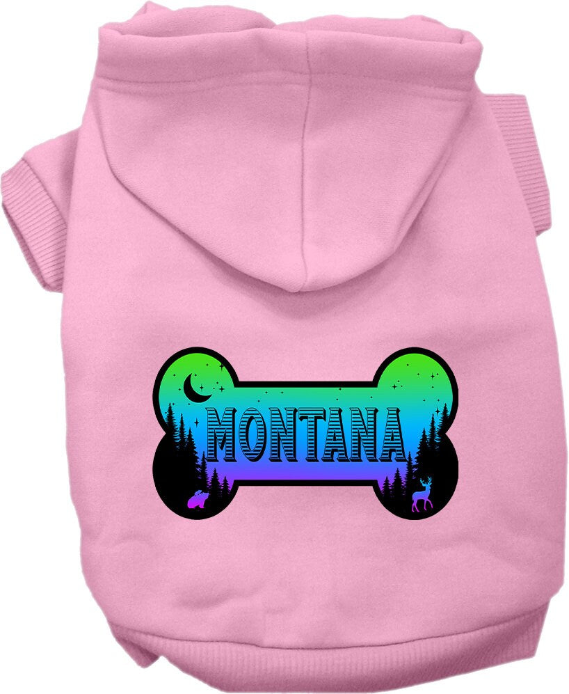 A cozy screen printed hoodie for medium to large pets, featuring a stylish Montana Mountain Shades design, perfect for dogs and cats.