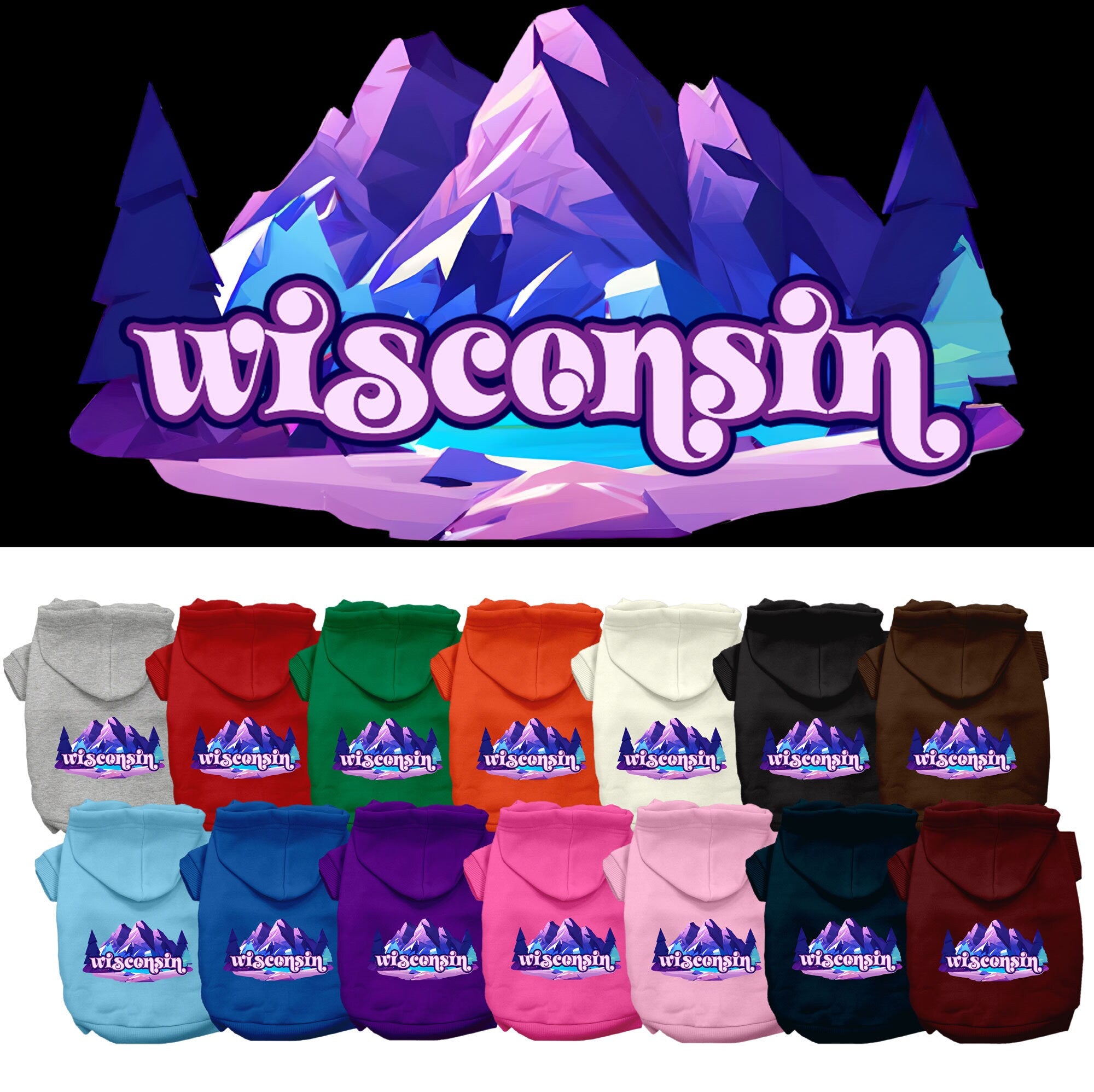 A soft and warm screen printed hoodie for medium to large pets, featuring a unique 'Wisconsin Alpine Pawscape' design, perfect for dogs and cats.