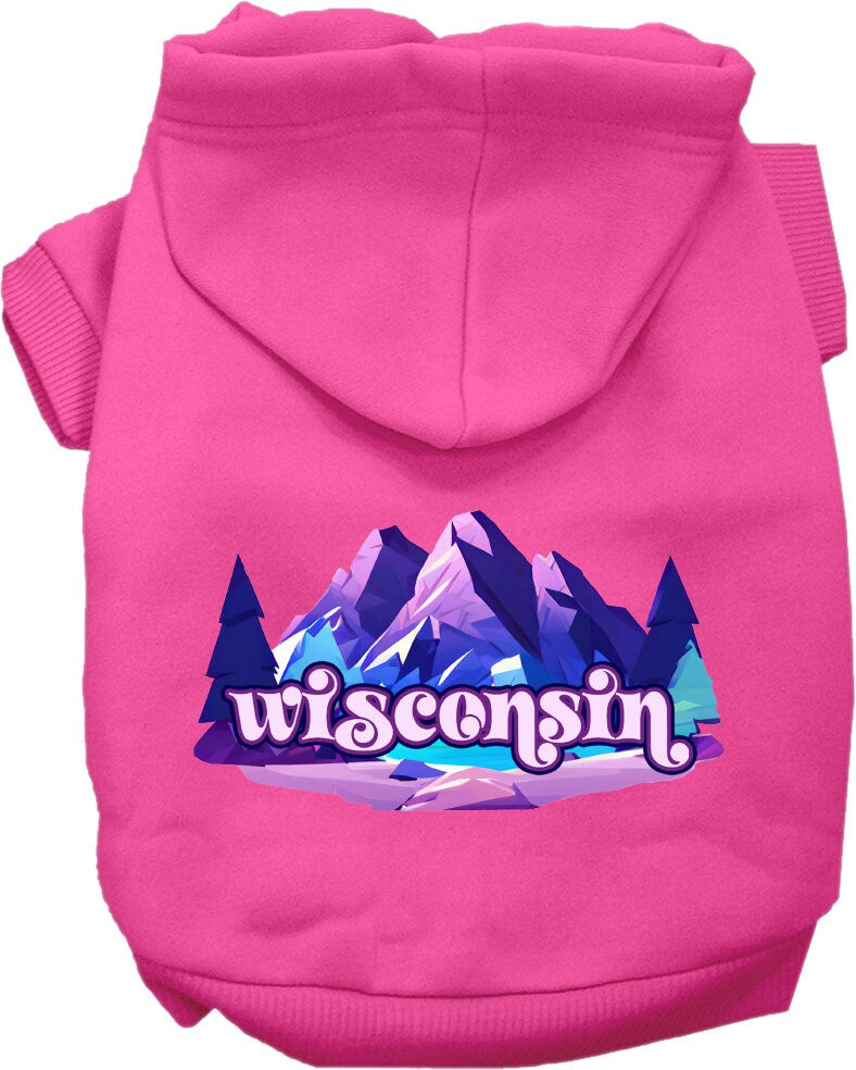 A soft and warm screen printed hoodie for medium to large pets, featuring a unique 'Wisconsin Alpine Pawscape' design, perfect for dogs and cats.