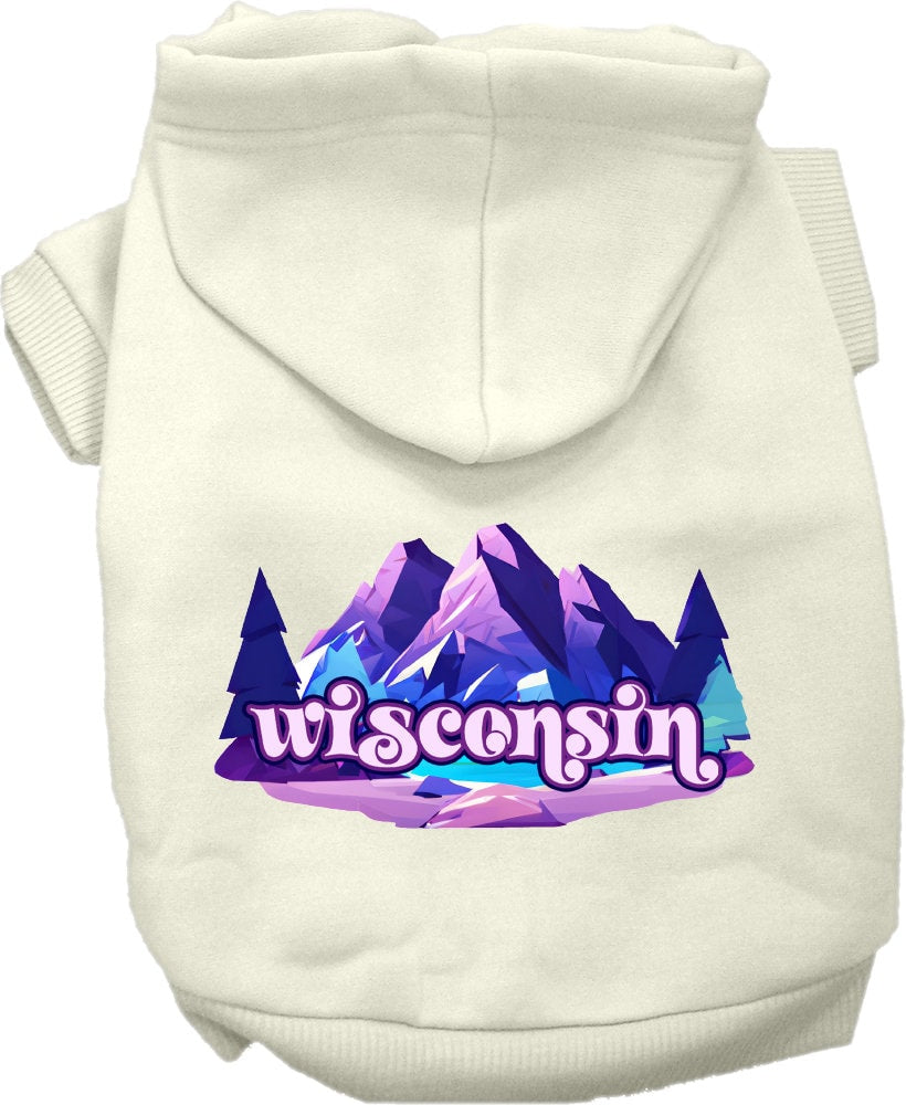 A soft and warm screen printed hoodie for medium to large pets, featuring a unique 'Wisconsin Alpine Pawscape' design, perfect for dogs and cats.