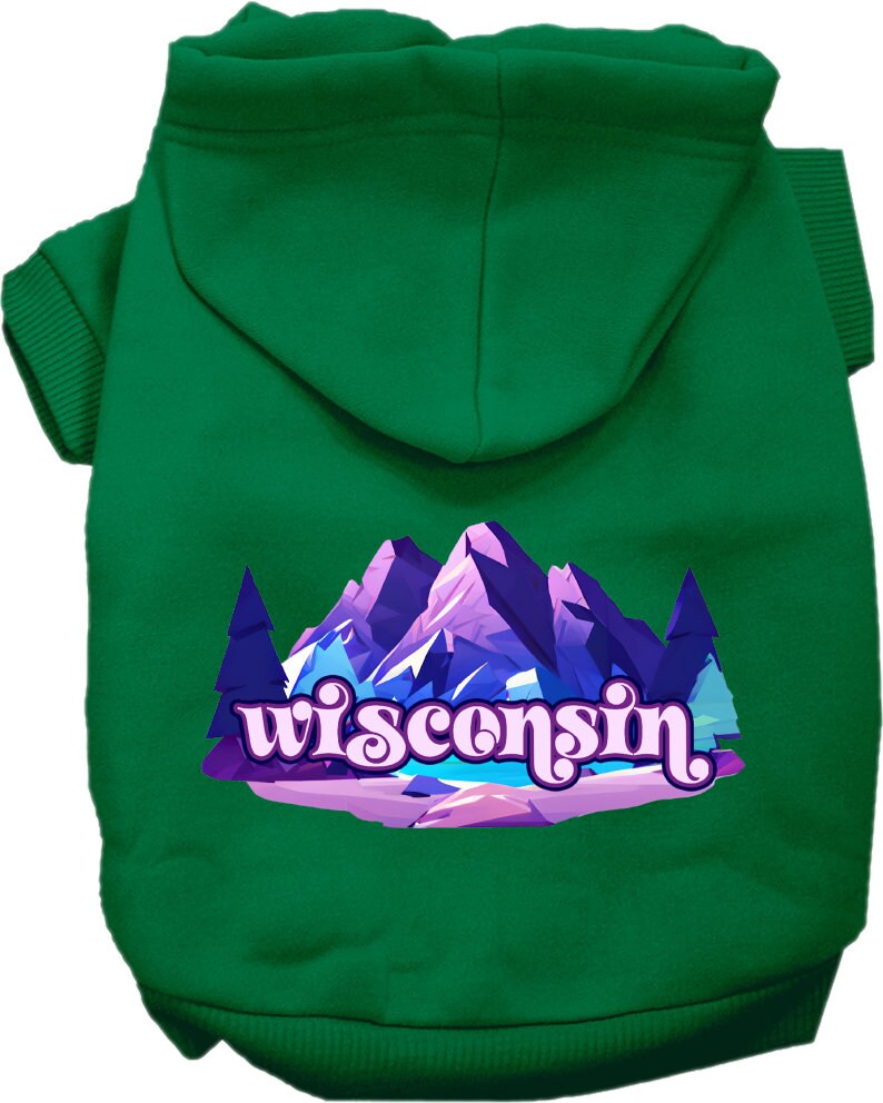 A soft and warm screen printed hoodie for medium to large pets, featuring a unique 'Wisconsin Alpine Pawscape' design, perfect for dogs and cats.