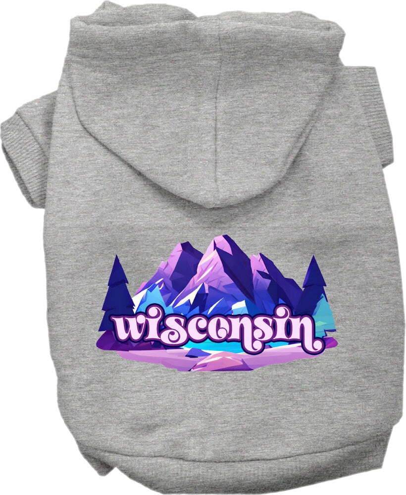 A soft and warm screen printed hoodie for medium to large pets, featuring a unique 'Wisconsin Alpine Pawscape' design, perfect for dogs and cats.