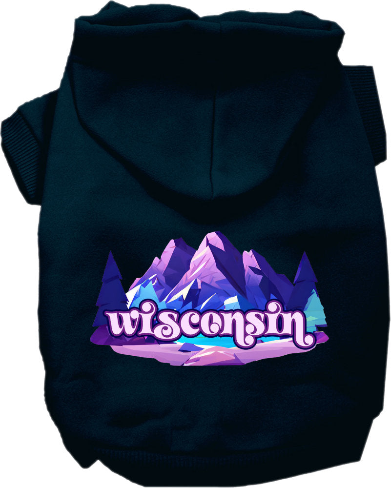 A soft and warm screen printed hoodie for medium to large pets, featuring a unique 'Wisconsin Alpine Pawscape' design, perfect for dogs and cats.