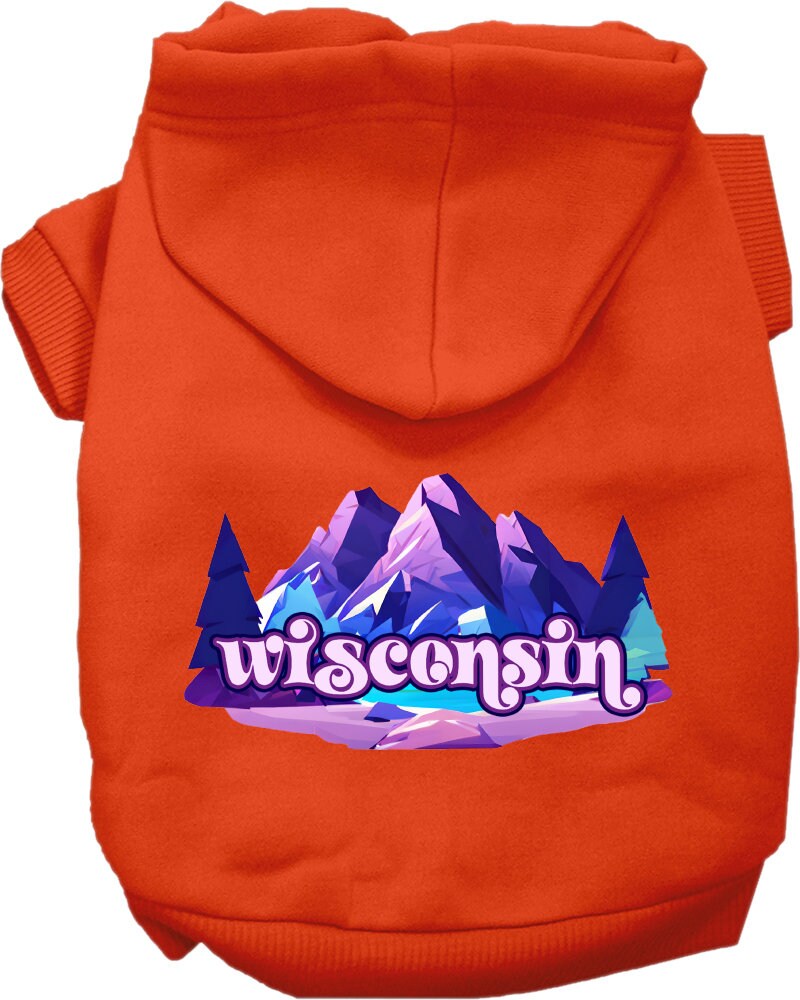 A soft and warm screen printed hoodie for medium to large pets, featuring a unique 'Wisconsin Alpine Pawscape' design, perfect for dogs and cats.