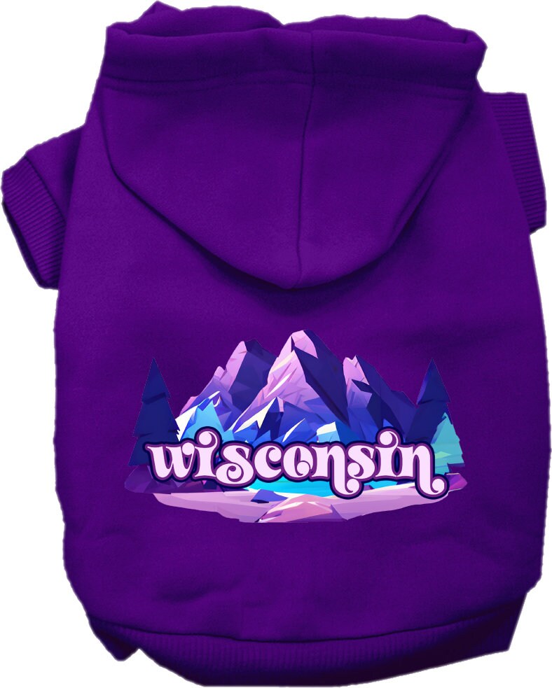A soft and warm screen printed hoodie for medium to large pets, featuring a unique 'Wisconsin Alpine Pawscape' design, perfect for dogs and cats.