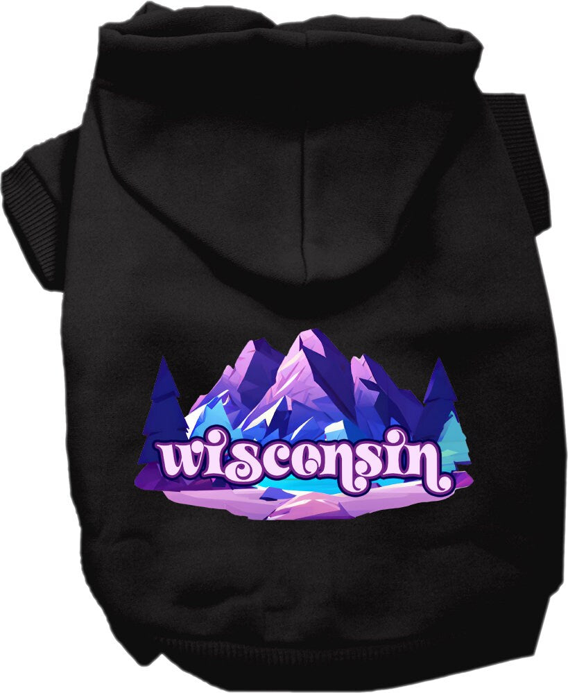 A soft and warm screen printed hoodie for medium to large pets, featuring a unique 'Wisconsin Alpine Pawscape' design, perfect for dogs and cats.