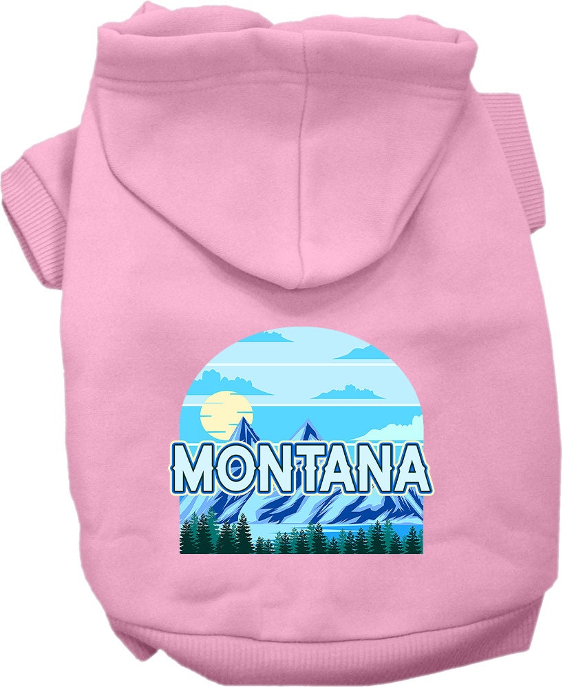 A medium to large pet wearing a stylish Montana Trailblazer hoodie, showcasing its soft fabric and convenient leash access hole.