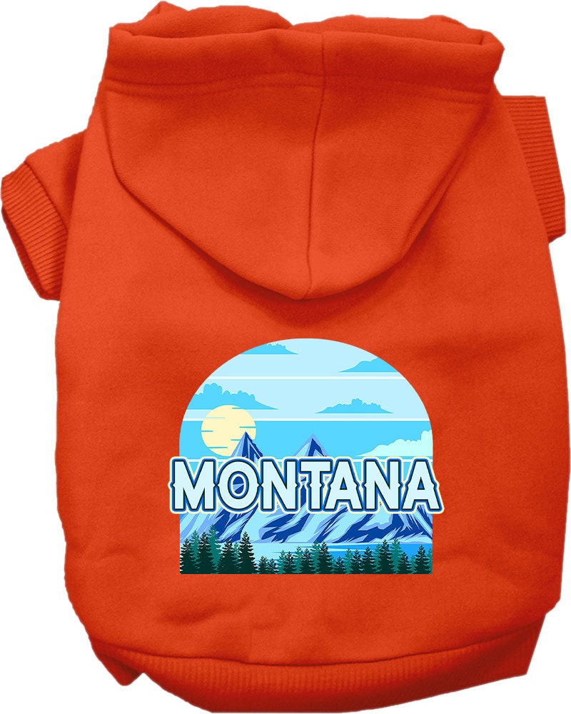 A medium to large pet wearing a stylish Montana Trailblazer hoodie, showcasing its soft fabric and convenient leash access hole.