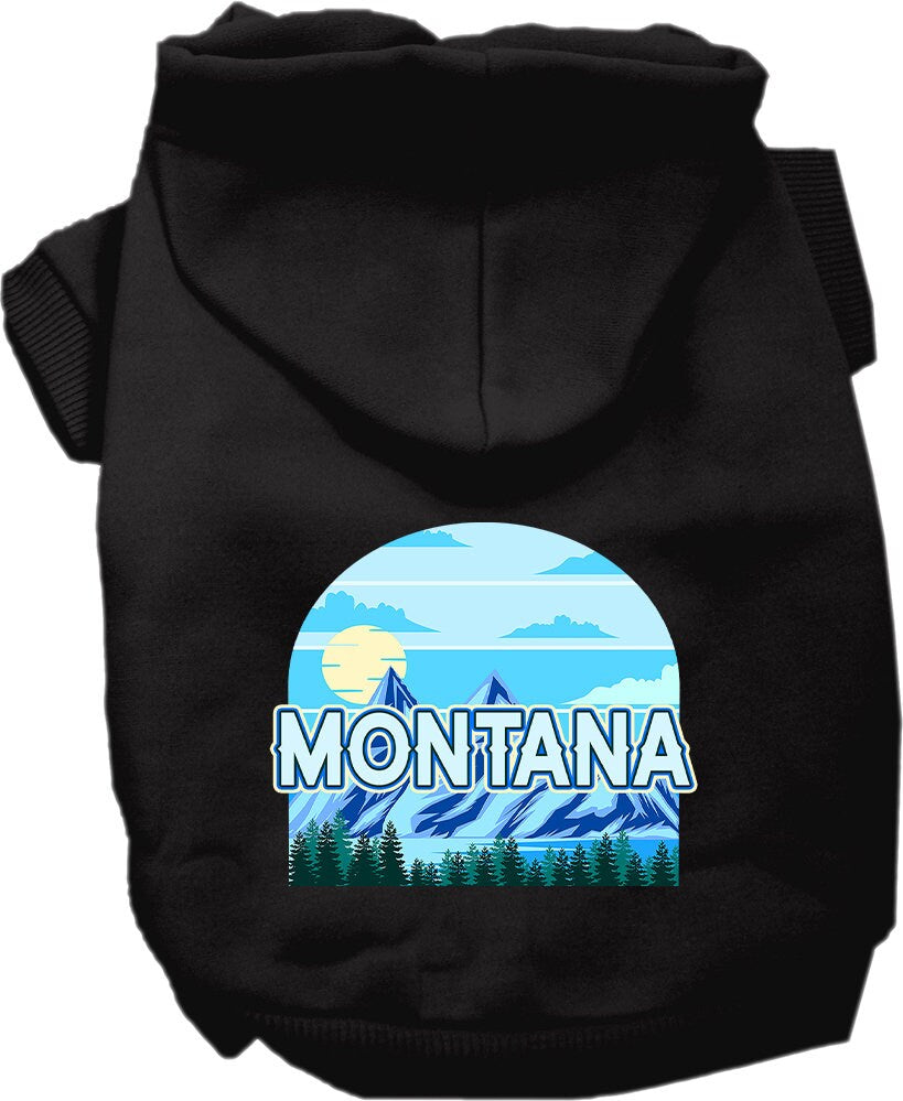 A medium to large pet wearing a stylish Montana Trailblazer hoodie, showcasing its soft fabric and convenient leash access hole.