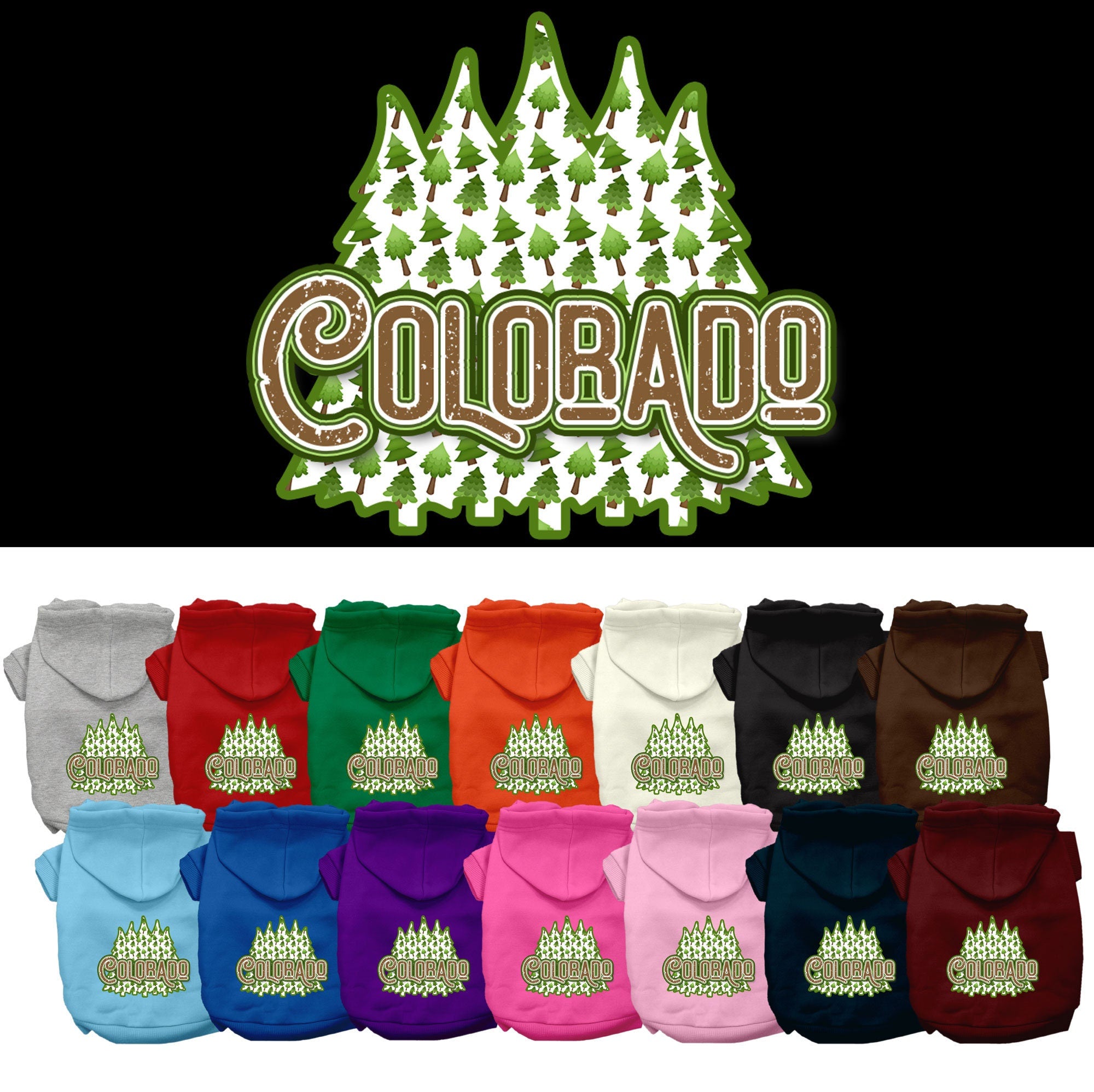 A cozy screen printed hoodie for medium to large pets featuring a Colorado Woodland Trees design, perfect for chilly weather.