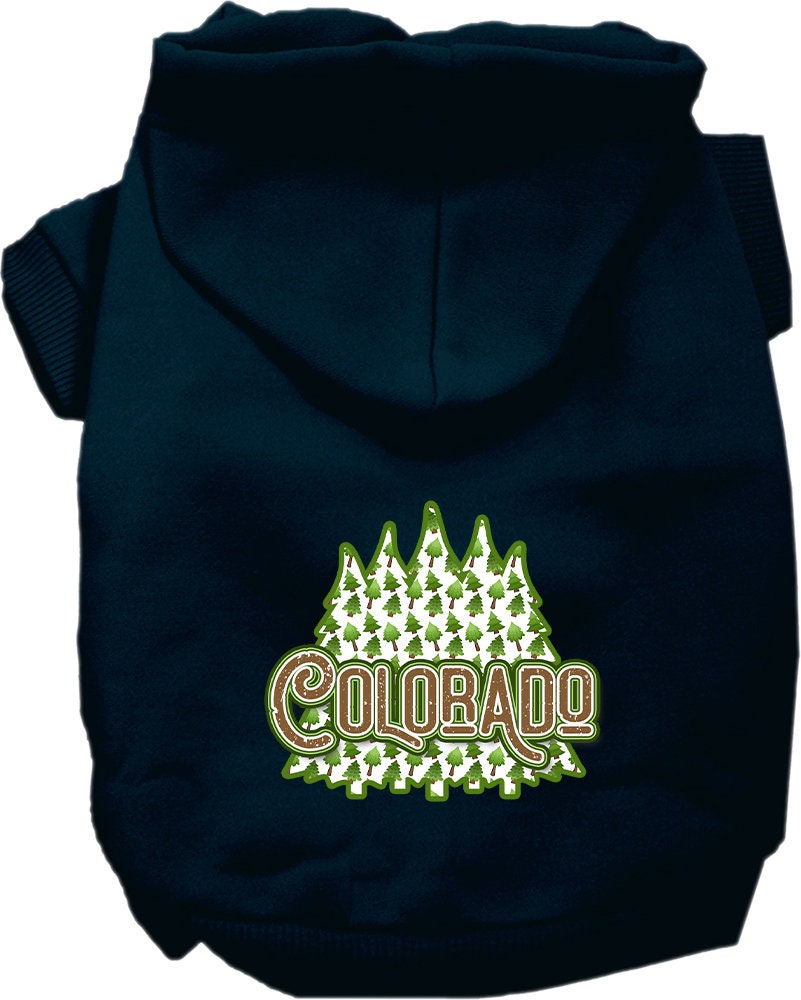 A cozy screen printed hoodie for medium to large pets featuring a Colorado Woodland Trees design, perfect for chilly weather.