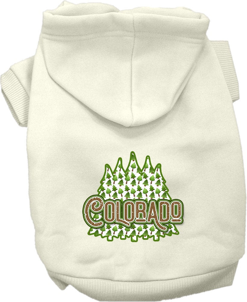 A cozy screen printed hoodie for medium to large pets featuring a Colorado Woodland Trees design, perfect for chilly weather.