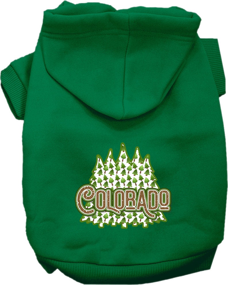 A cozy screen printed hoodie for medium to large pets featuring a Colorado Woodland Trees design, perfect for chilly weather.