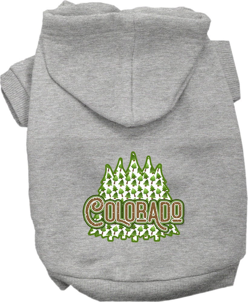 A cozy screen printed hoodie for medium to large pets featuring a Colorado Woodland Trees design, perfect for chilly weather.