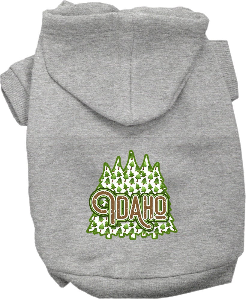 A cozy screen printed hoodie for medium to large pets featuring Idaho Woodland Trees design, perfect for dogs and cats.