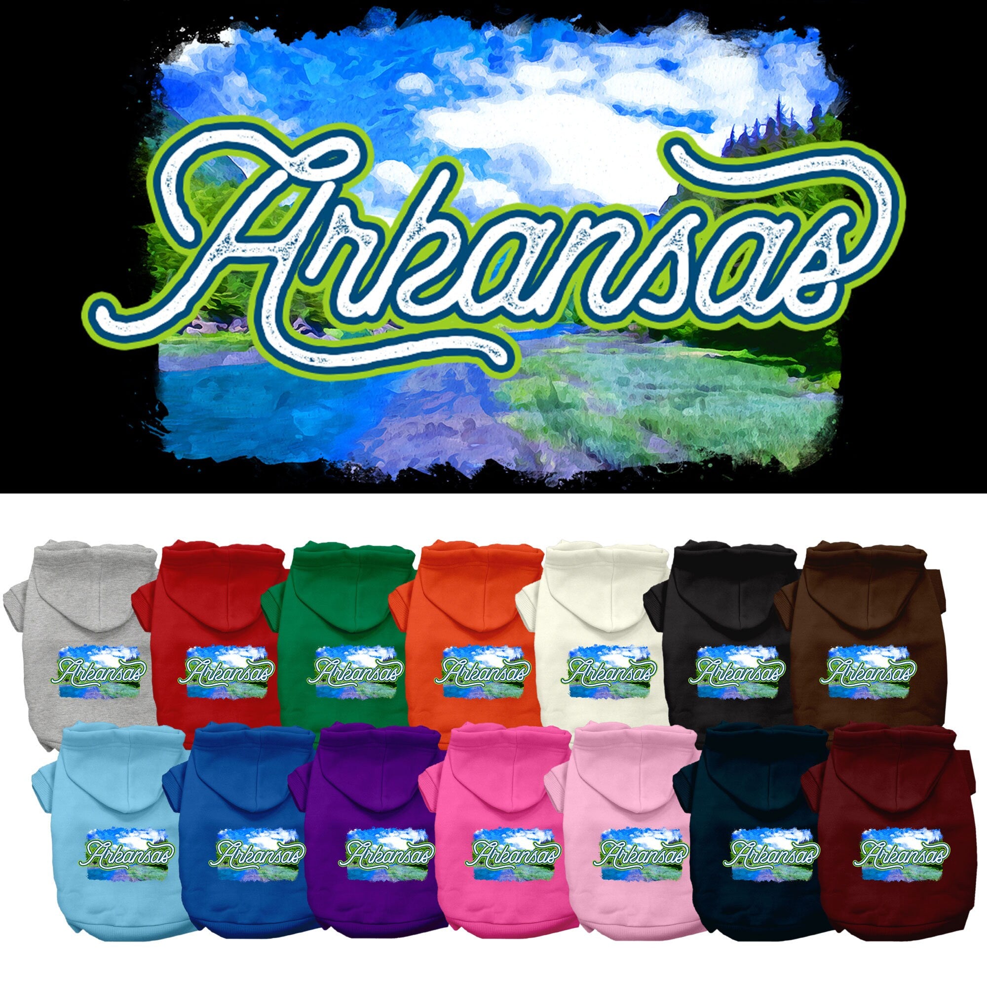 A soft and stylish screen printed hoodie for medium to large pets, featuring the Arkansas Summer design, perfect for dogs and cats.