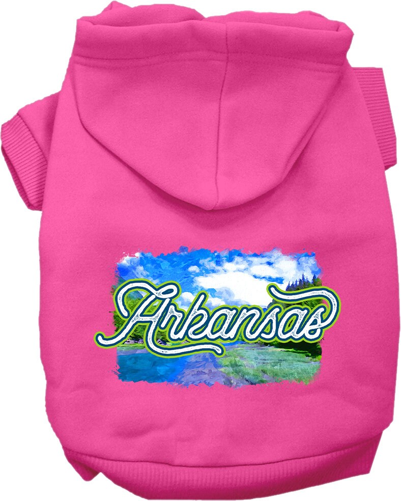 A soft and stylish screen printed hoodie for medium to large pets, featuring the Arkansas Summer design, perfect for dogs and cats.