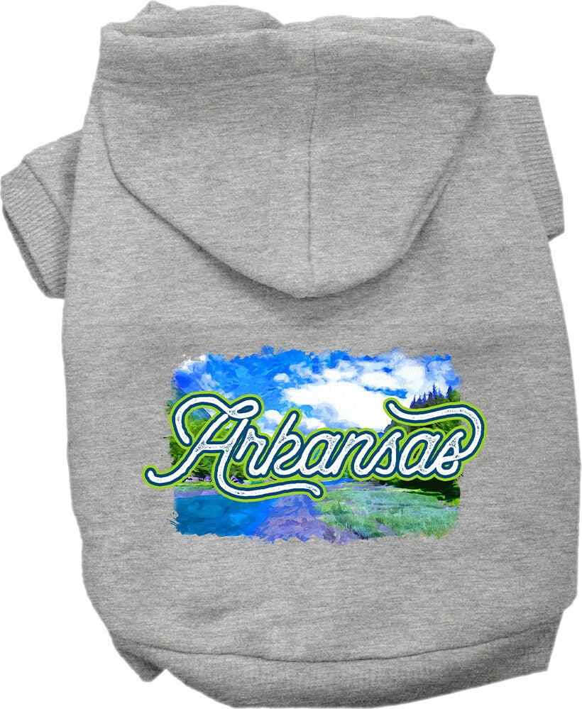 A soft and stylish screen printed hoodie for medium to large pets, featuring the Arkansas Summer design, perfect for dogs and cats.