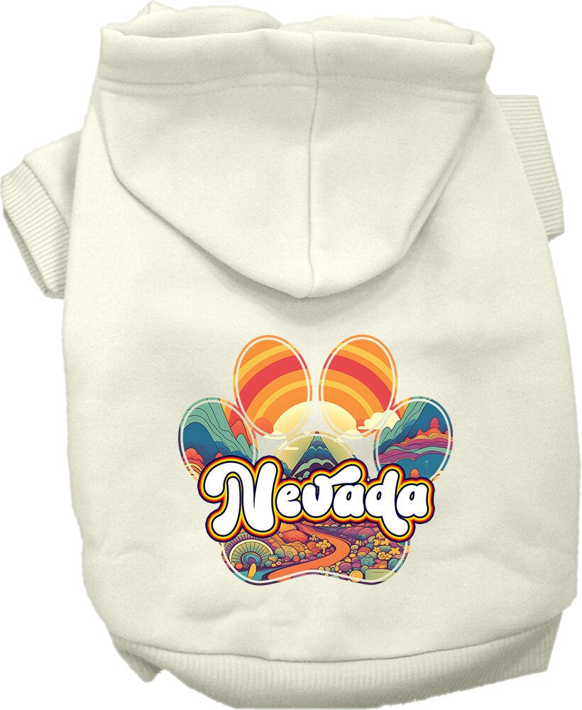 A cozy screen printed hoodie for medium to large pets, featuring the 'Nevada Groovy Summit' design, showcasing its soft fabric and durable stitching.