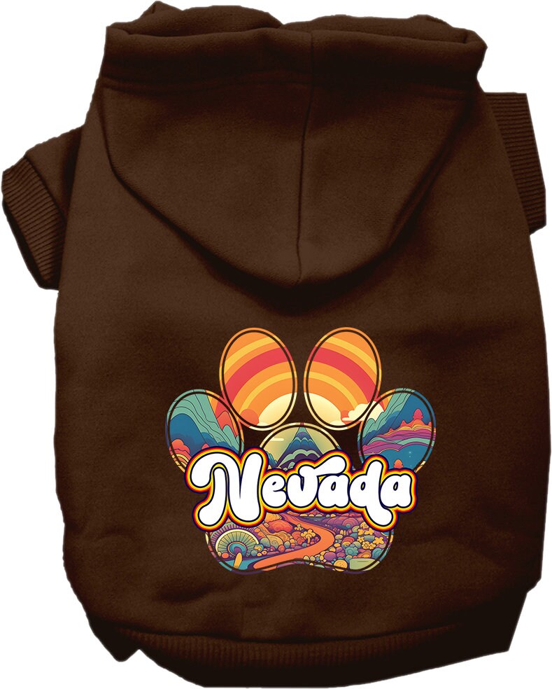 A cozy screen printed hoodie for medium to large pets, featuring the 'Nevada Groovy Summit' design, showcasing its soft fabric and durable stitching.