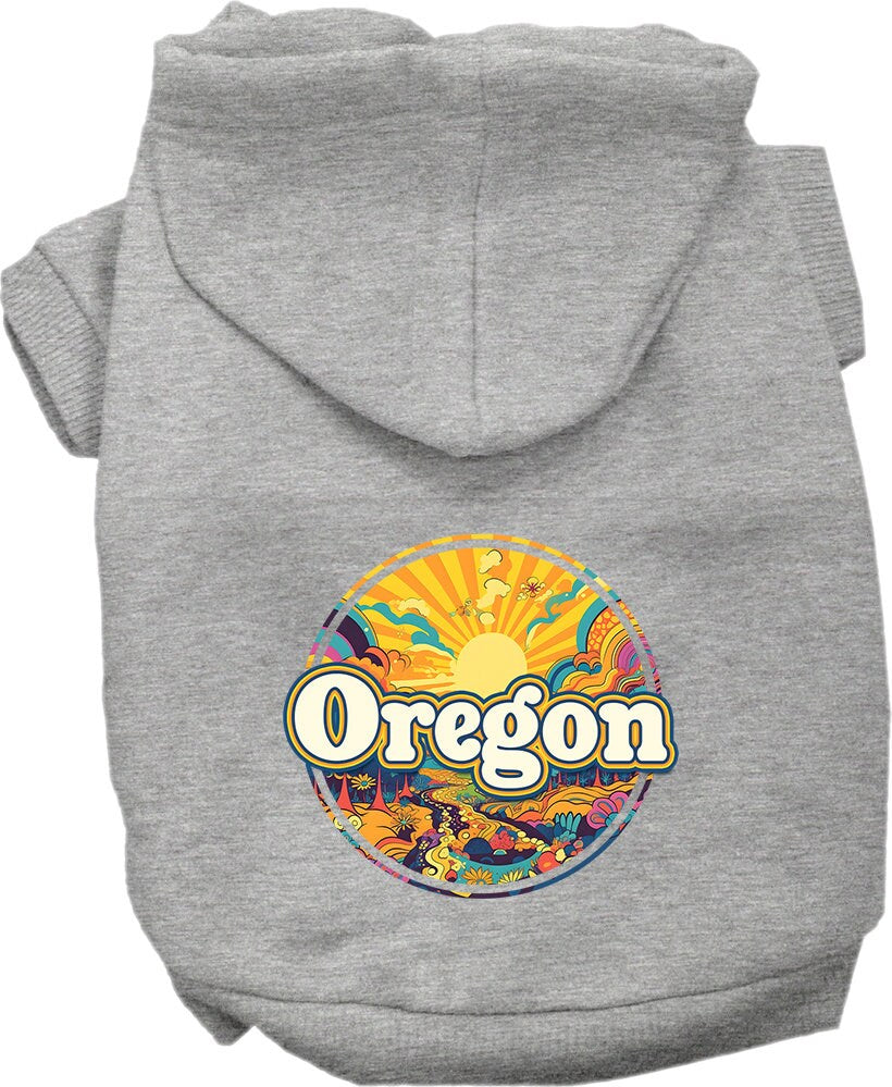 A cozy screen printed hoodie for medium to large pets, featuring the Oregon Trippy Peaks design, showcasing vibrant colors and a comfortable fit.