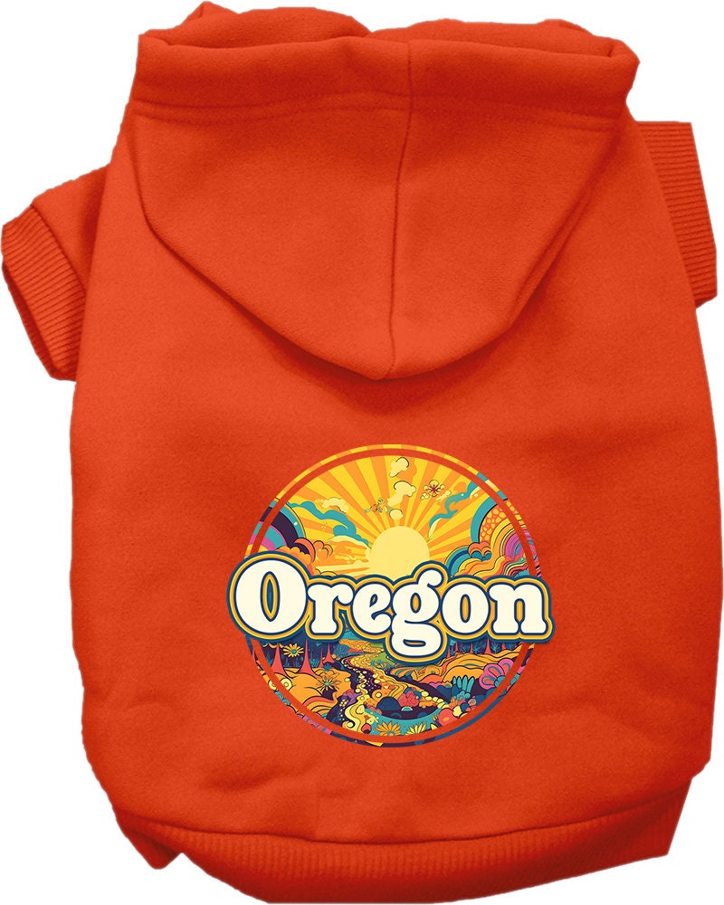 A cozy screen printed hoodie for medium to large pets, featuring the Oregon Trippy Peaks design, showcasing vibrant colors and a comfortable fit.