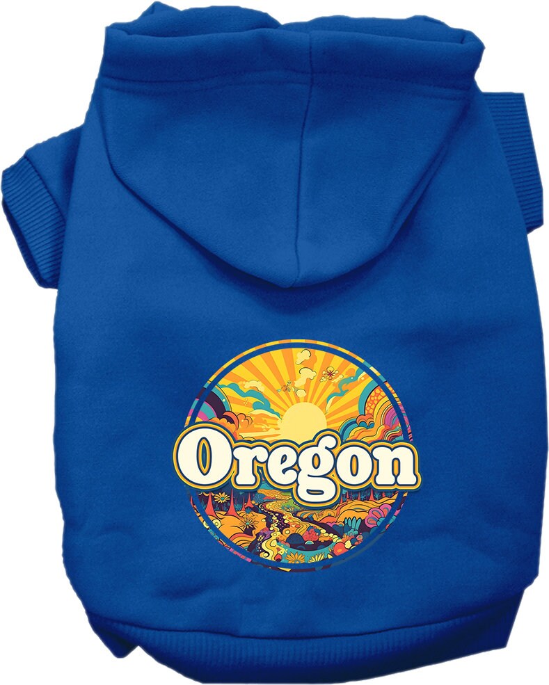 A cozy screen printed hoodie for medium to large pets, featuring the Oregon Trippy Peaks design, showcasing vibrant colors and a comfortable fit.