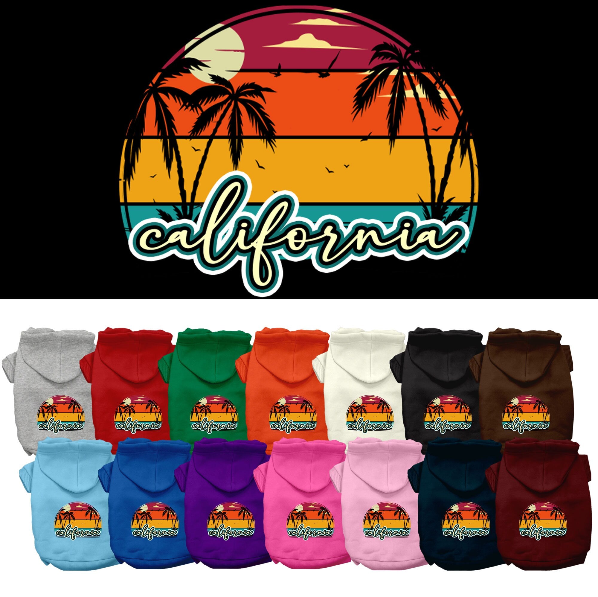 A medium to large pet wearing a California Retro Beach Sunset hoodie, showcasing vibrant colors and a stylish design.