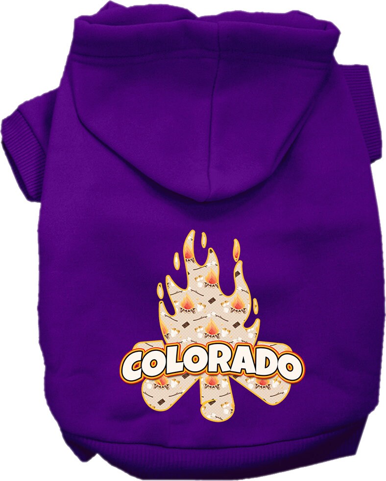 A cozy screen printed hoodie for medium to large pets, featuring a 'Colorado Around The Campfire' design, perfect for dogs and cats.