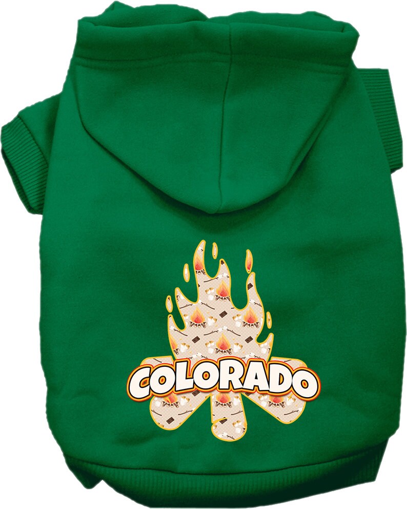 A cozy screen printed hoodie for medium to large pets, featuring a 'Colorado Around The Campfire' design, perfect for dogs and cats.