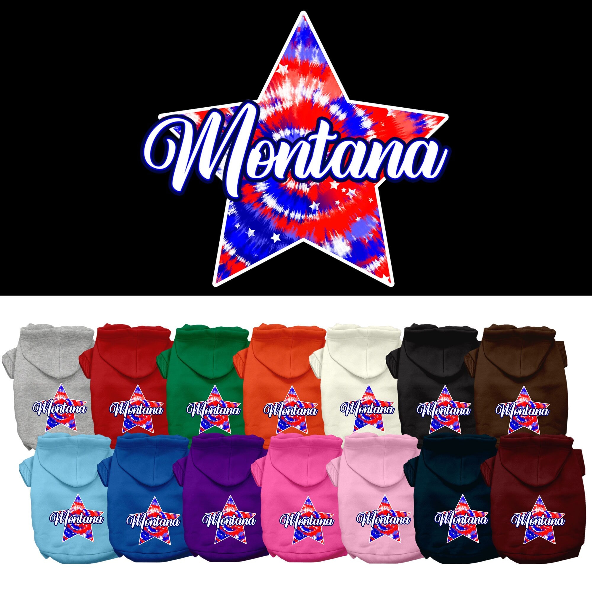 A medium to large pet wearing a stylish Montana Patriotic Tie Dye hoodie, showcasing its vibrant colors and comfortable fit.