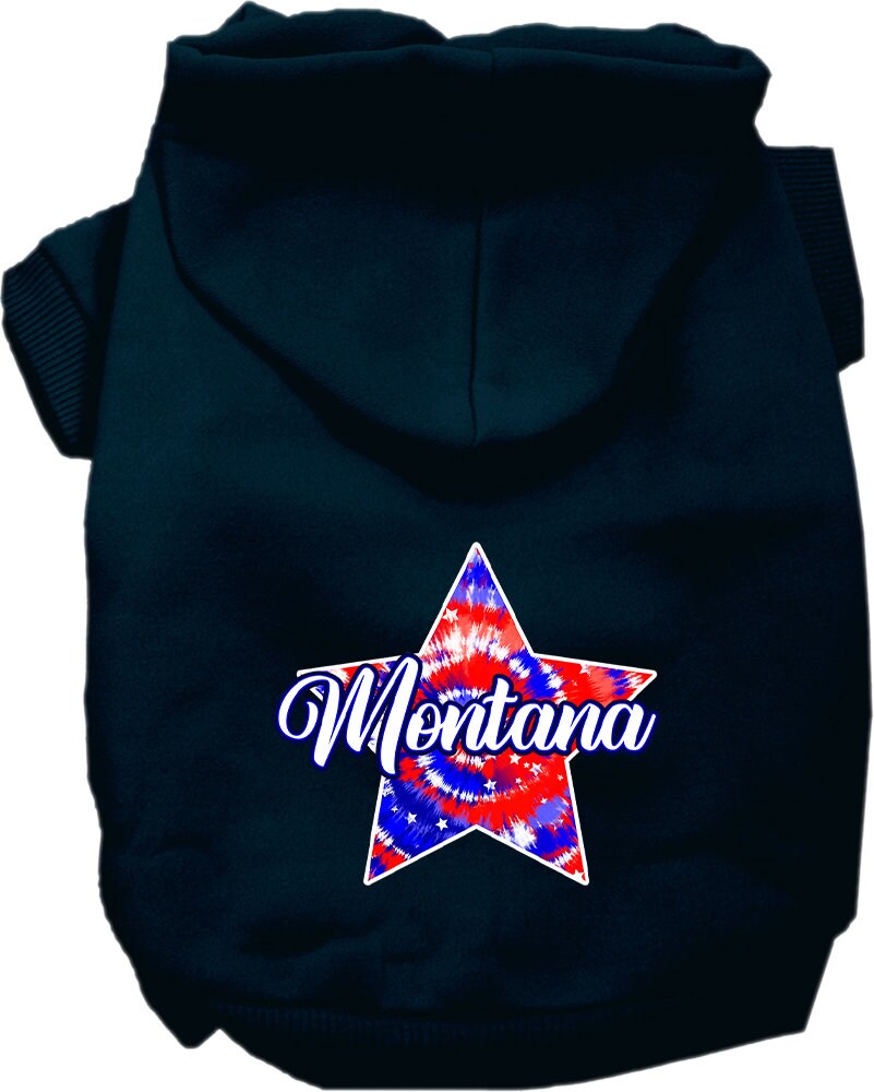 A medium to large pet wearing a stylish Montana Patriotic Tie Dye hoodie, showcasing its vibrant colors and comfortable fit.