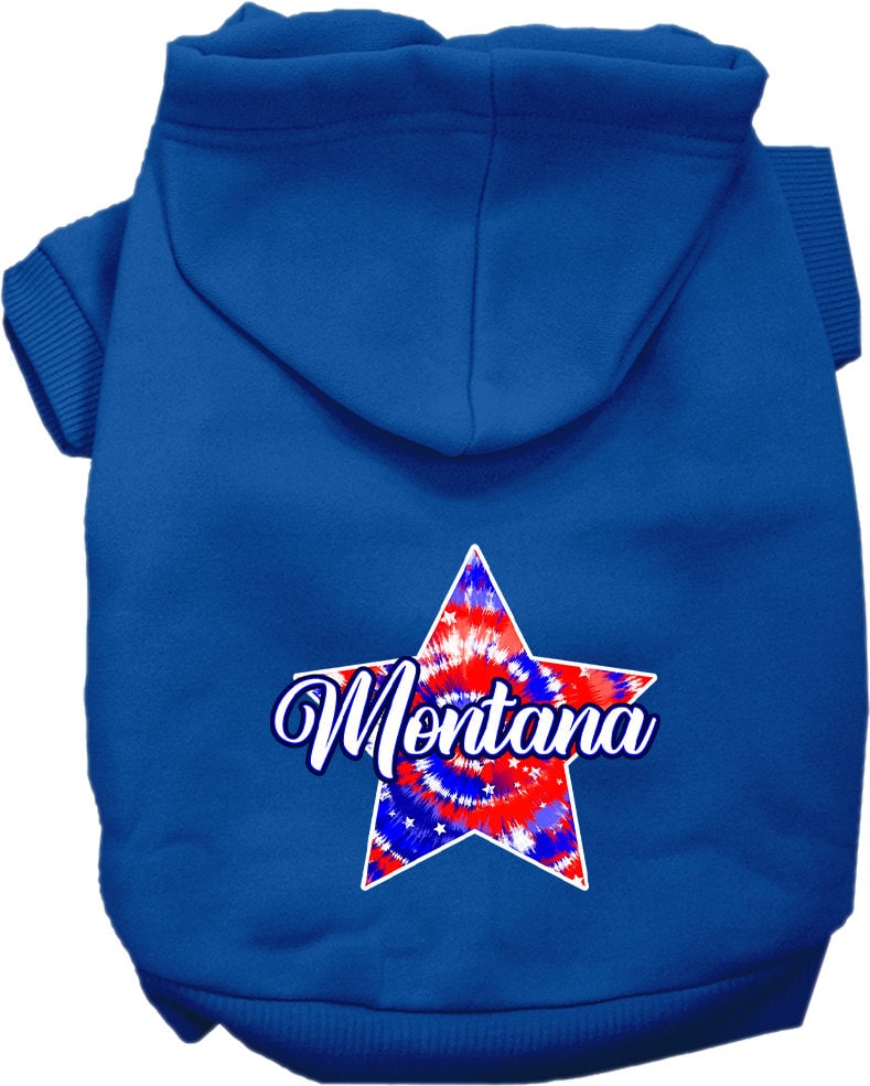 A medium to large pet wearing a stylish Montana Patriotic Tie Dye hoodie, showcasing its vibrant colors and comfortable fit.