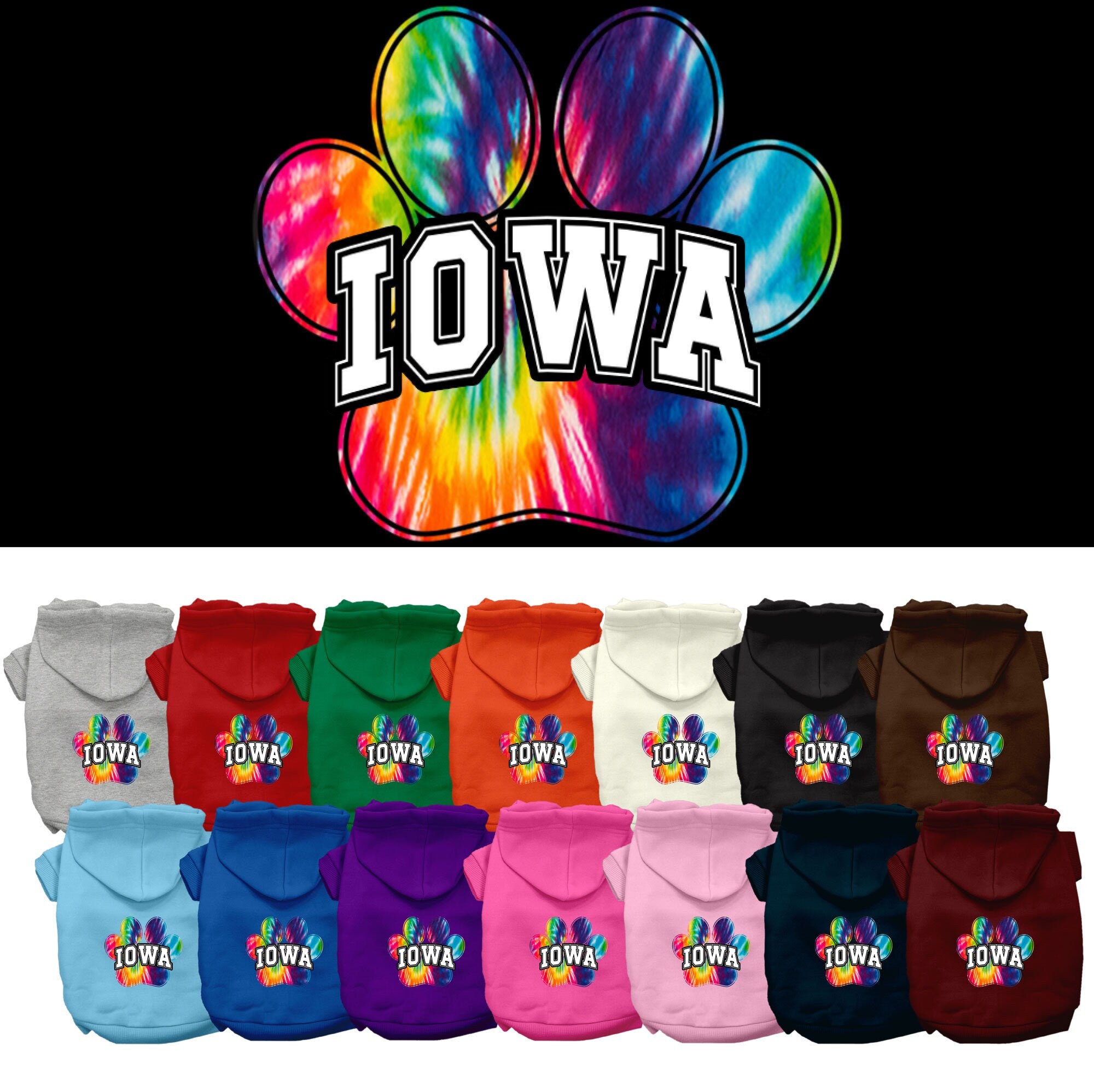 A vibrant Iowa Bright Tie Dye hoodie for medium to large dogs and cats, showcasing its soft fabric and convenient leash access hole.