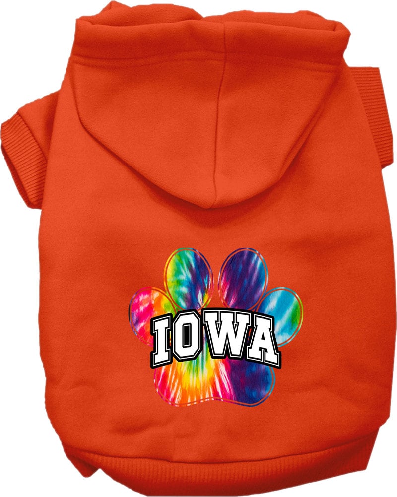A vibrant Iowa Bright Tie Dye hoodie for medium to large dogs and cats, showcasing its soft fabric and convenient leash access hole.