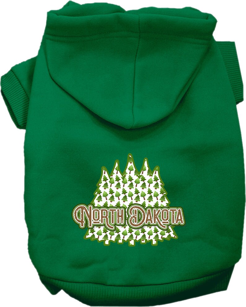A cozy screen printed hoodie for medium to large pets featuring a North Dakota woodland trees design, perfect for stylish warmth.