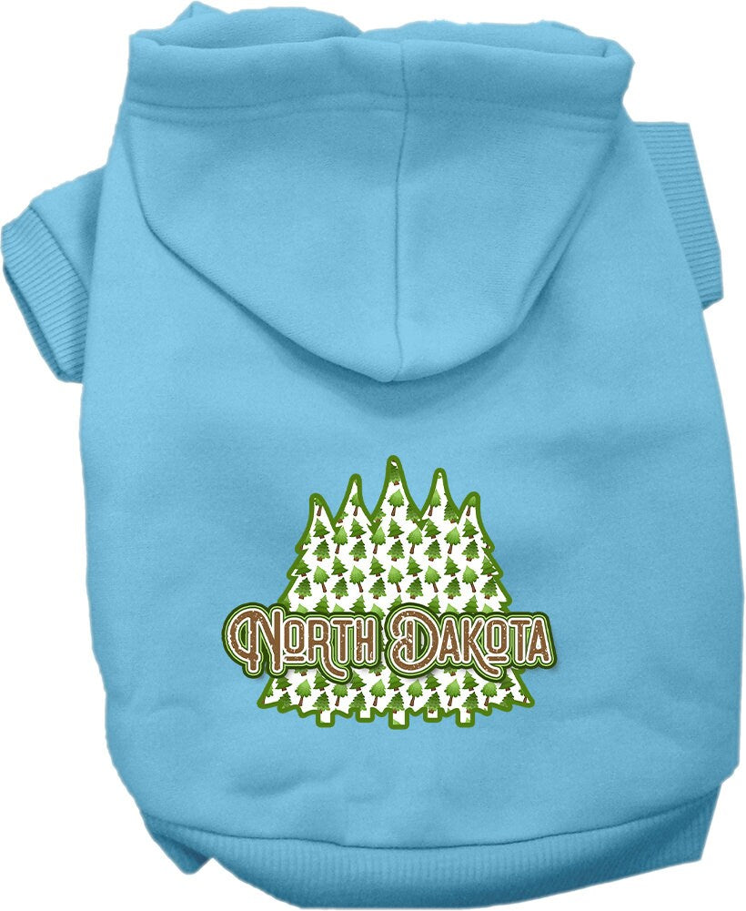 A cozy screen printed hoodie for medium to large pets featuring a North Dakota woodland trees design, perfect for stylish warmth.