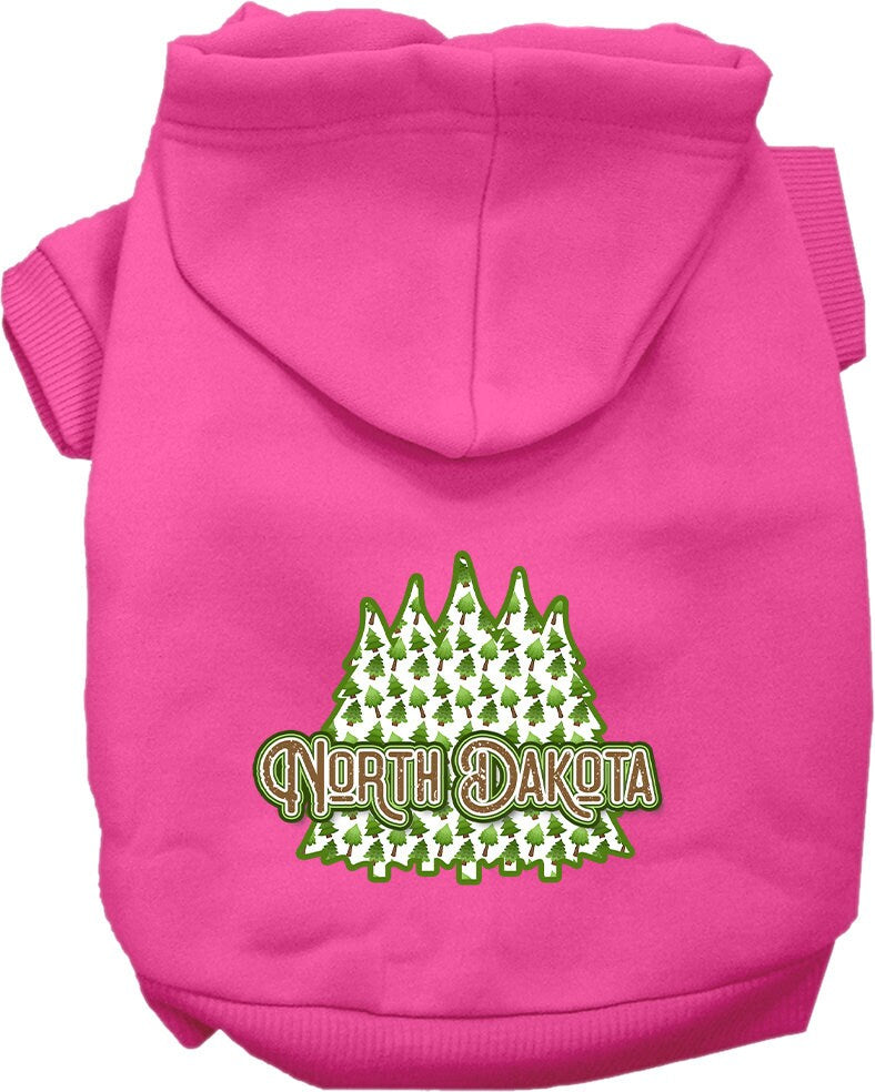 A cozy screen printed hoodie for medium to large pets featuring a North Dakota woodland trees design, perfect for stylish warmth.