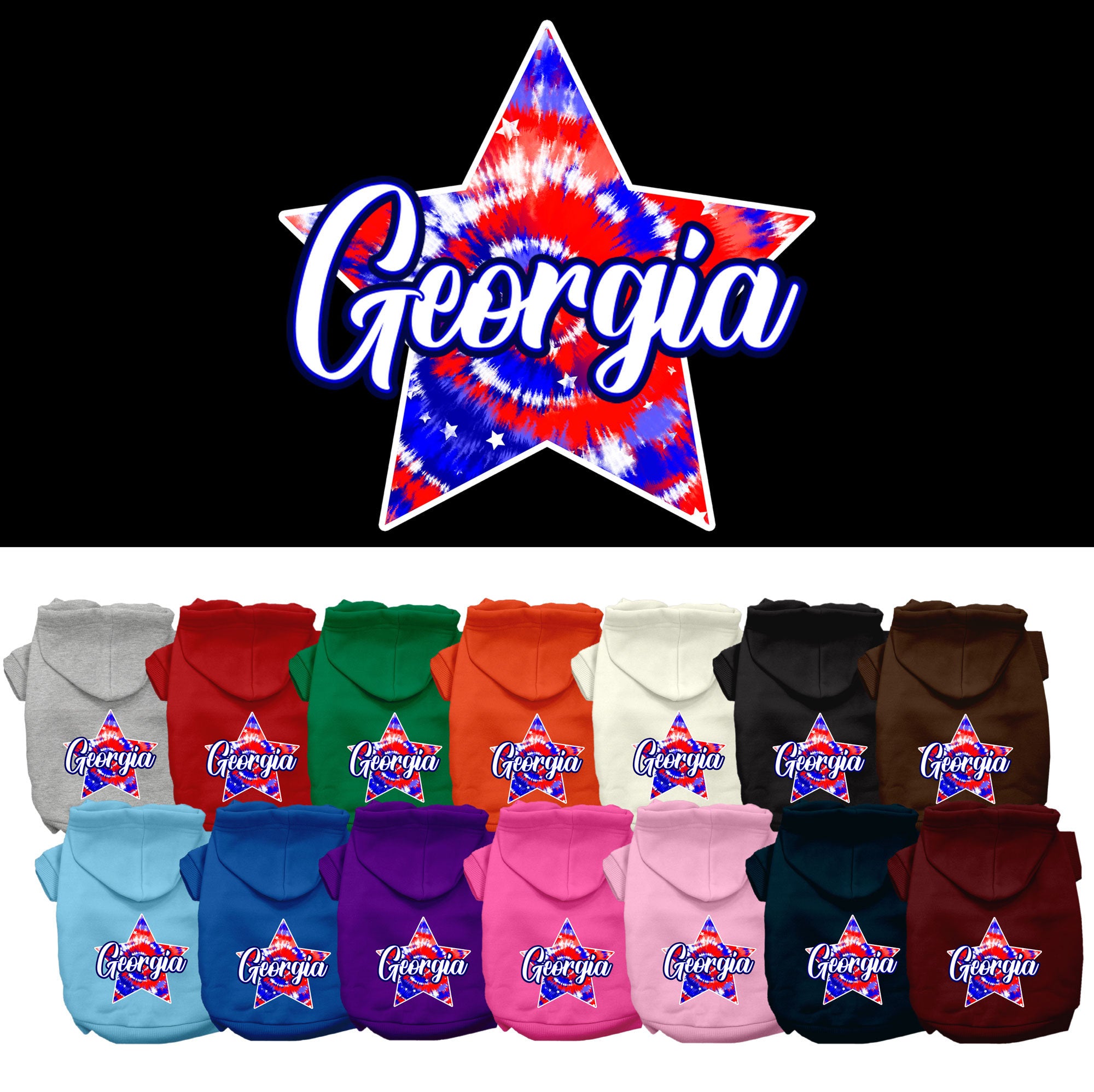 A medium to large pet wearing a soft, warm hoodie with a Georgia Patriotic Tie Dye design, showcasing its stylish and comfortable fit.