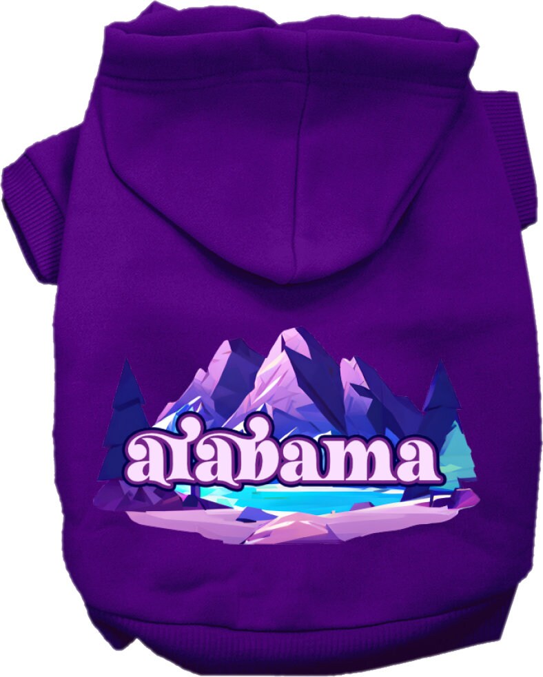 A cozy screen printed hoodie for medium to large pets, featuring the Alabama Alpine Pawscape design, showcasing its soft fabric and durable stitching.