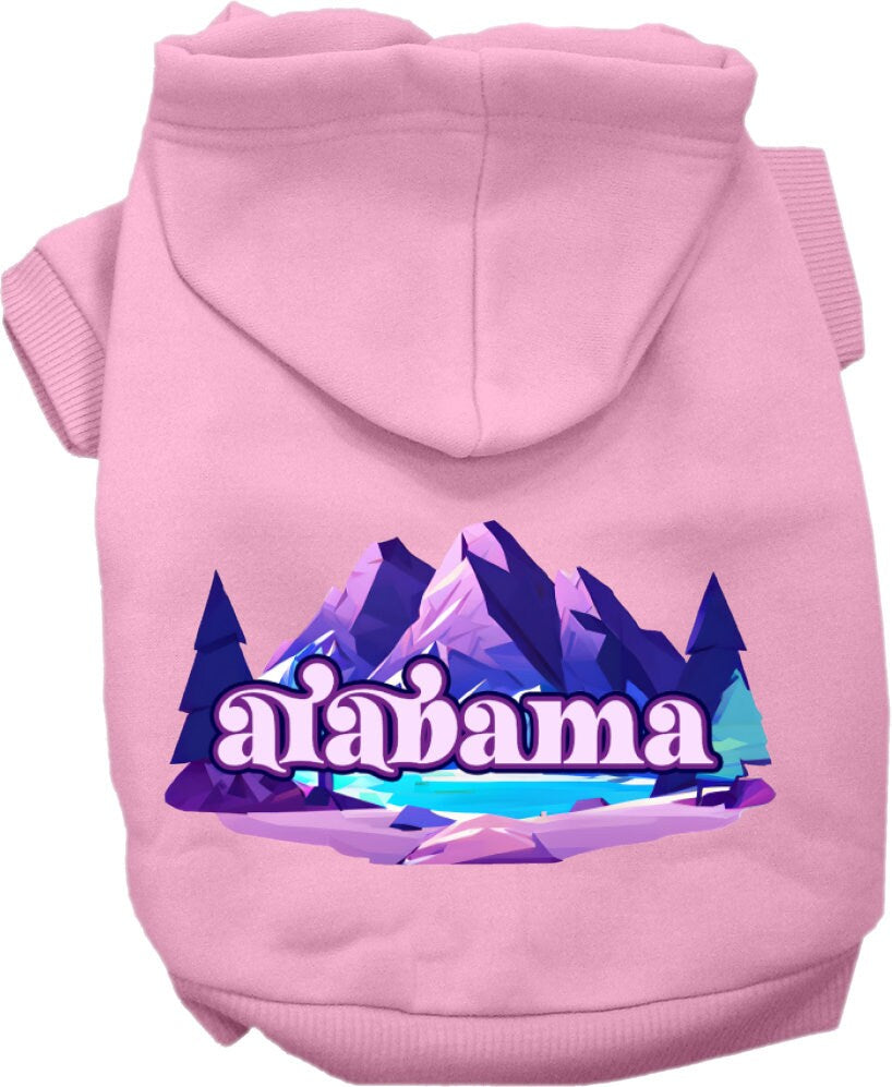 A cozy screen printed hoodie for medium to large pets, featuring the Alabama Alpine Pawscape design, showcasing its soft fabric and durable stitching.