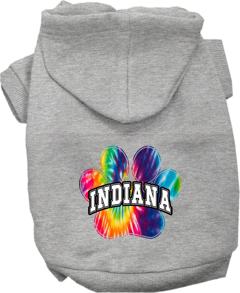 A vibrant Indiana Bright Tie Dye hoodie designed for medium to large dogs and cats, showcasing its soft fabric and convenient leash access hole.