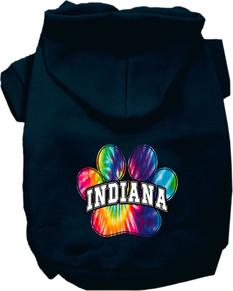 A vibrant Indiana Bright Tie Dye hoodie designed for medium to large dogs and cats, showcasing its soft fabric and convenient leash access hole.