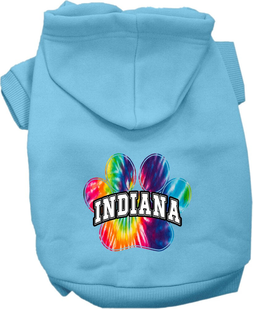 A vibrant Indiana Bright Tie Dye hoodie designed for medium to large dogs and cats, showcasing its soft fabric and convenient leash access hole.