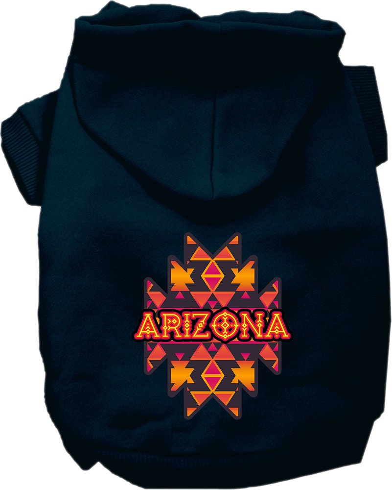 A medium to large pet wearing a soft, warm hoodie with an Arizona Navajo Tribal print, showcasing its stylish design and convenient leash access.