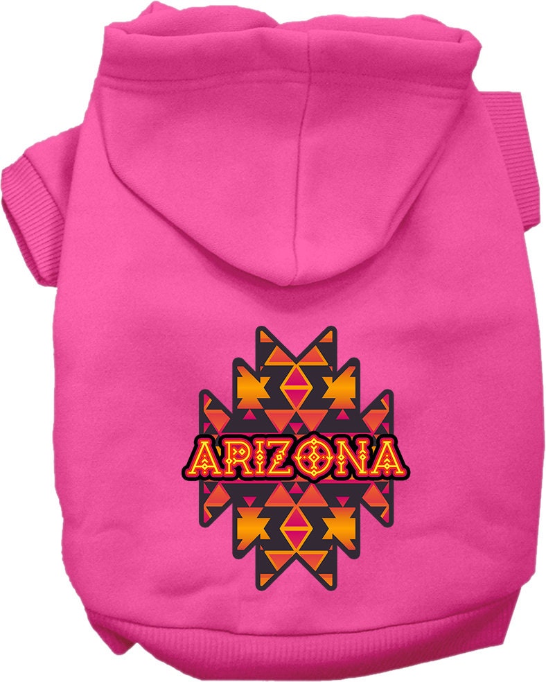 A medium to large pet wearing a soft, warm hoodie with an Arizona Navajo Tribal print, showcasing its stylish design and convenient leash access.