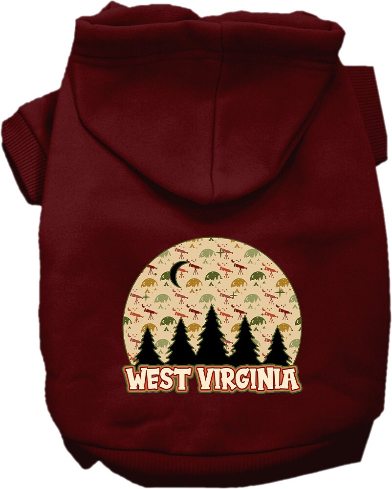 A cozy screen printed hoodie for medium to large pets featuring a 'West Virginia Under The Stars' design, perfect for chilly weather.