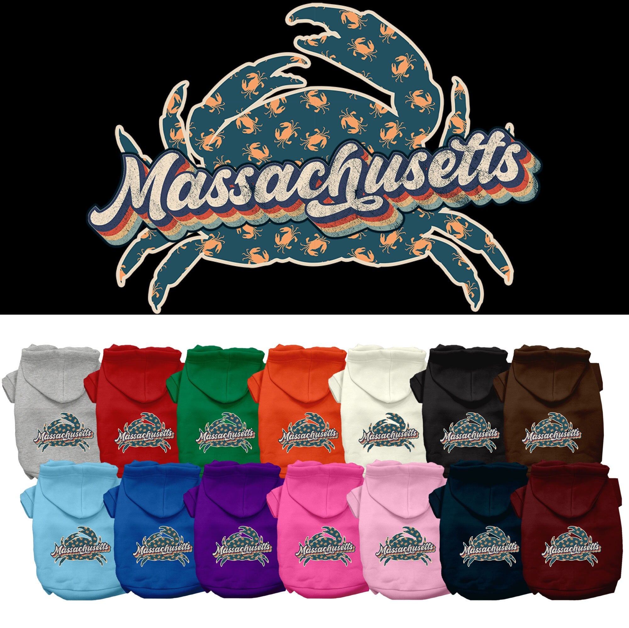 A cozy screen printed hoodie for medium to large pets featuring a Massachusetts Retro Crabs design, perfect for stylish walks.